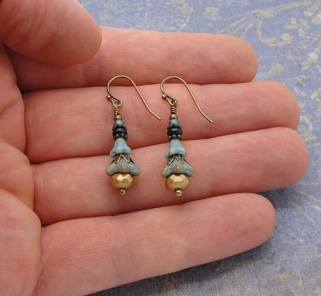 Blue Jean Color Scheme Czech Glass Boho Flower Earrings