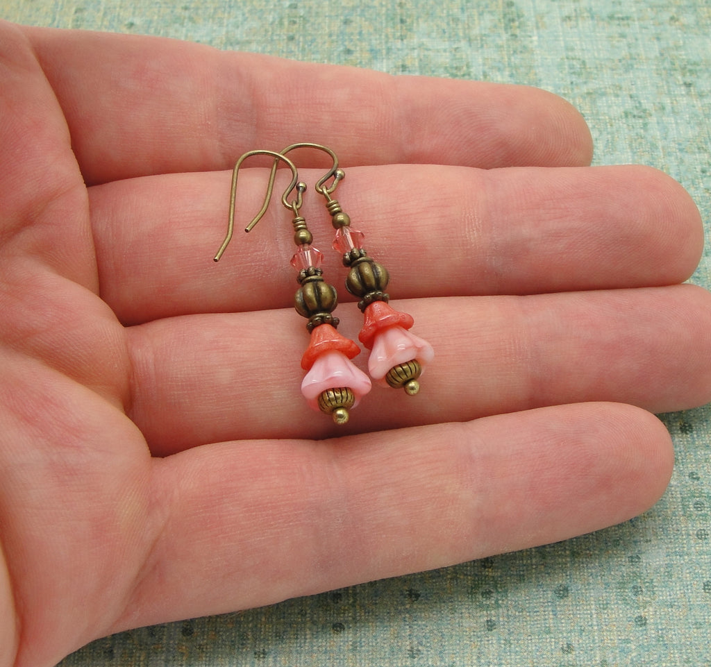 Peach Orange and Cream Flower Earrings in a Boho Style and Antiqued Brass hand