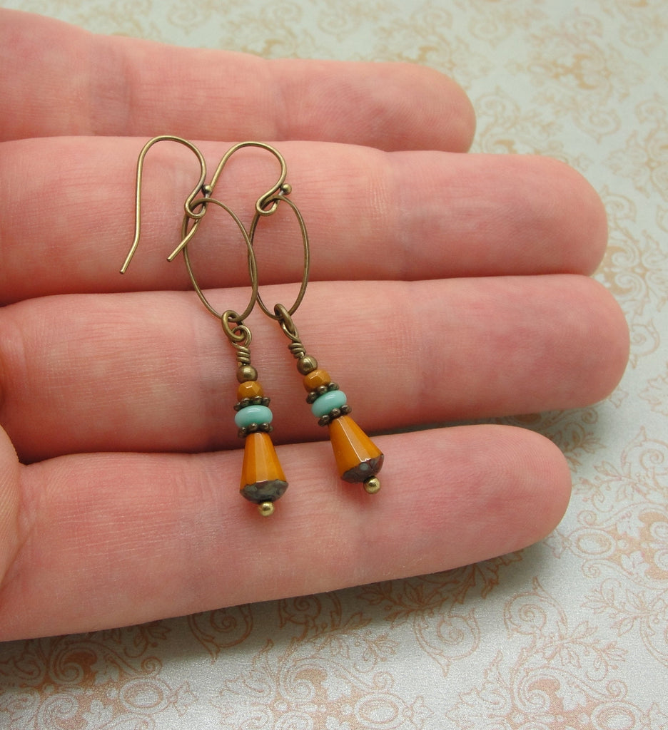 Long Boho Earrings in Mustard Yellow and Turquoise Blue Glass with Antiqued Brass  hand