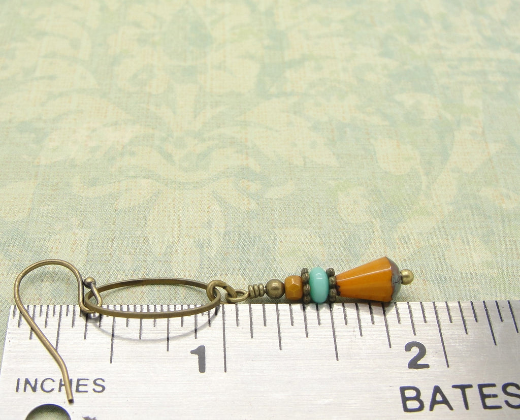 Long Boho Earrings in Mustard Yellow and Turquoise Blue Glass with Antiqued Brass  ruler