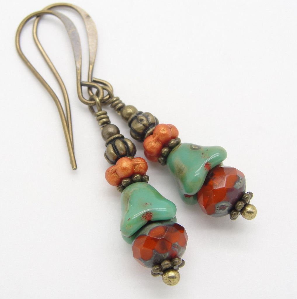 Turquoise Greenish Blue and Orange Boho Flower Earrings with Antiqued Brass