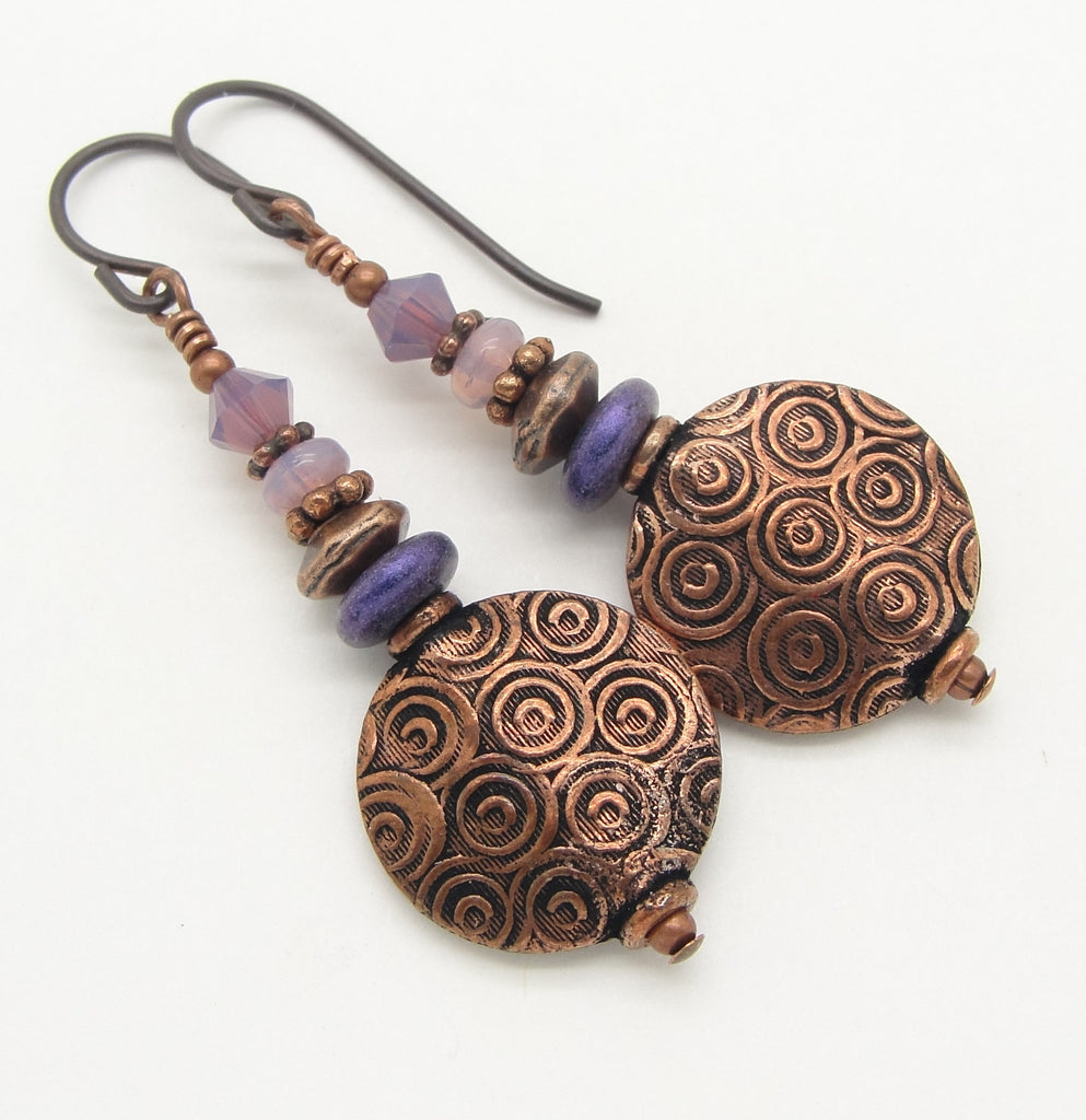 copper earrings ethnic concentric circle with purple glass