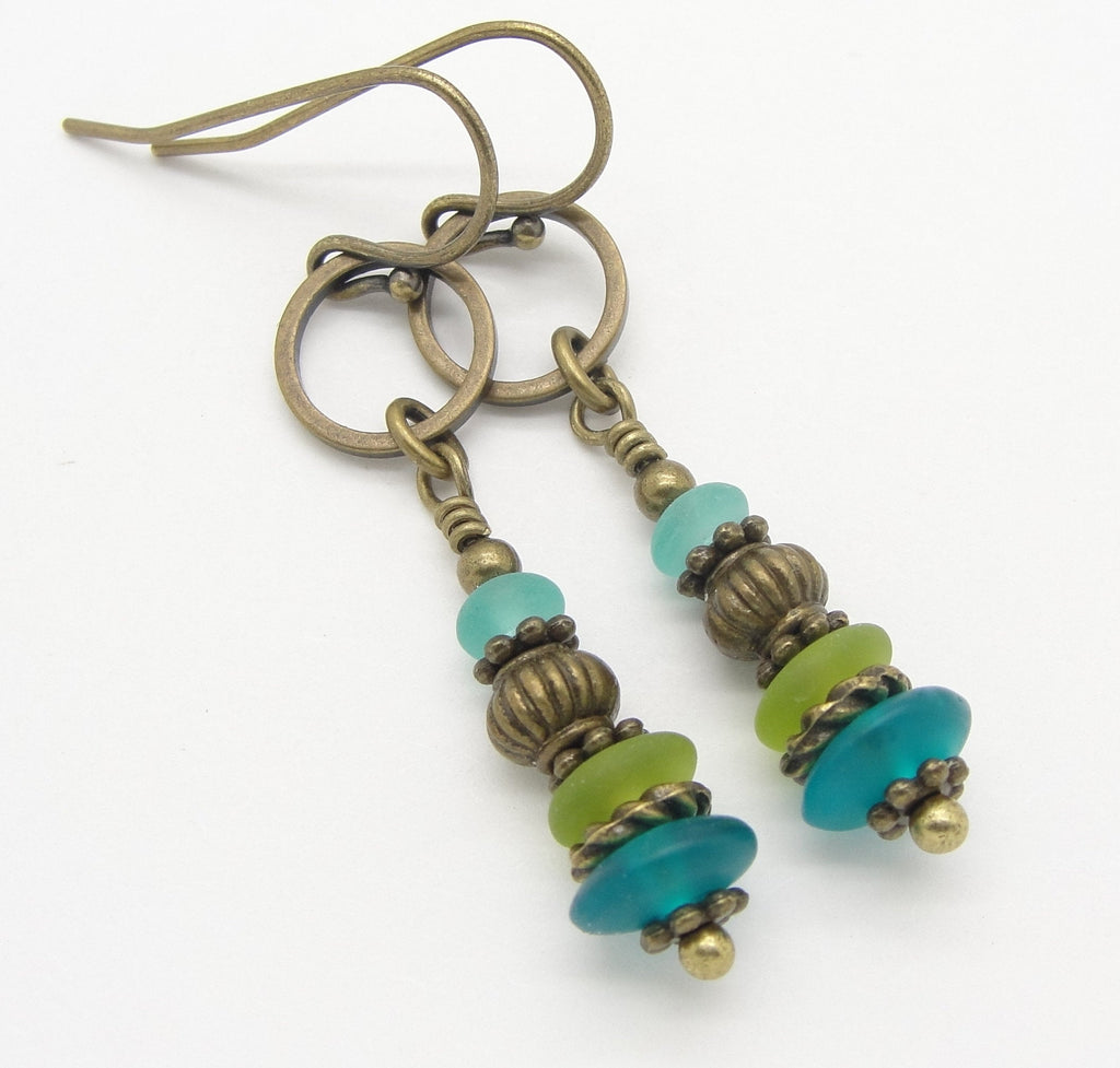 Aqua Blue Lime and Teal Manmade Beach Glass Earrings with Antiqued Brass