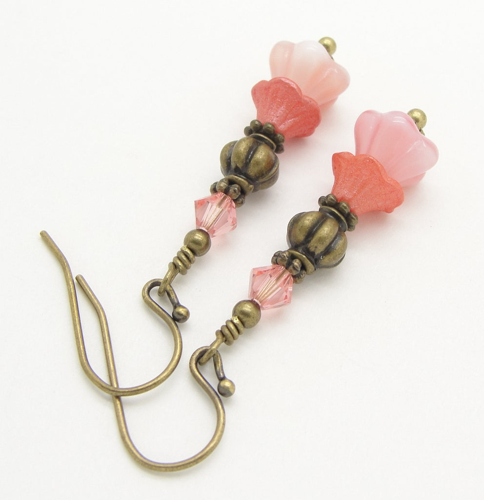 Peach Orange and Cream Flower Earrings in a Boho Style and Antiqued Brass Cloud Cap Jewelry