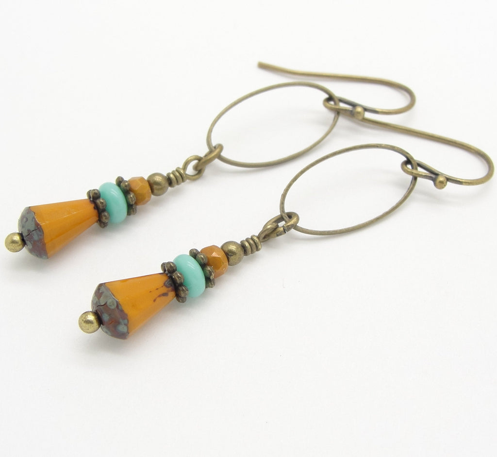 Long Boho Earrings in Mustard Yellow and Turquoise Blue Glass with Antiqued Brass 