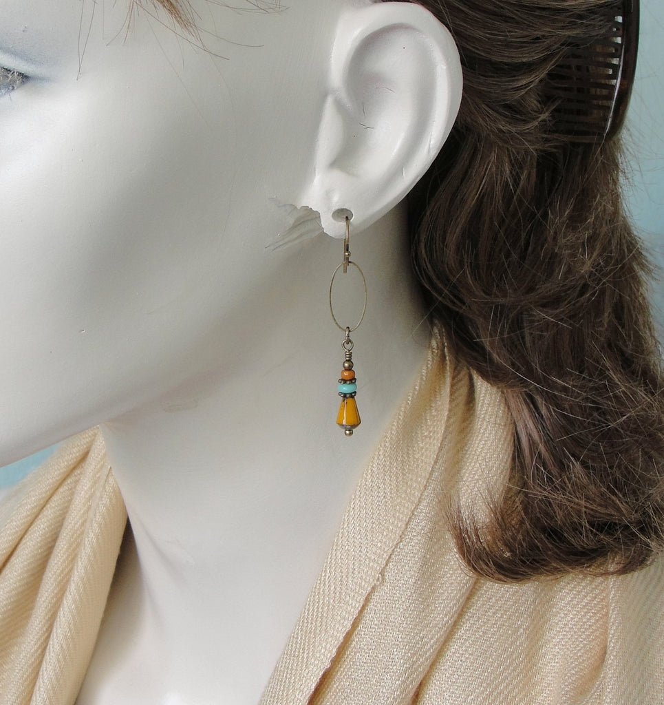 Long Boho Earrings in Mustard Yellow and Turquoise Blue Glass with Antiqued Brass  on