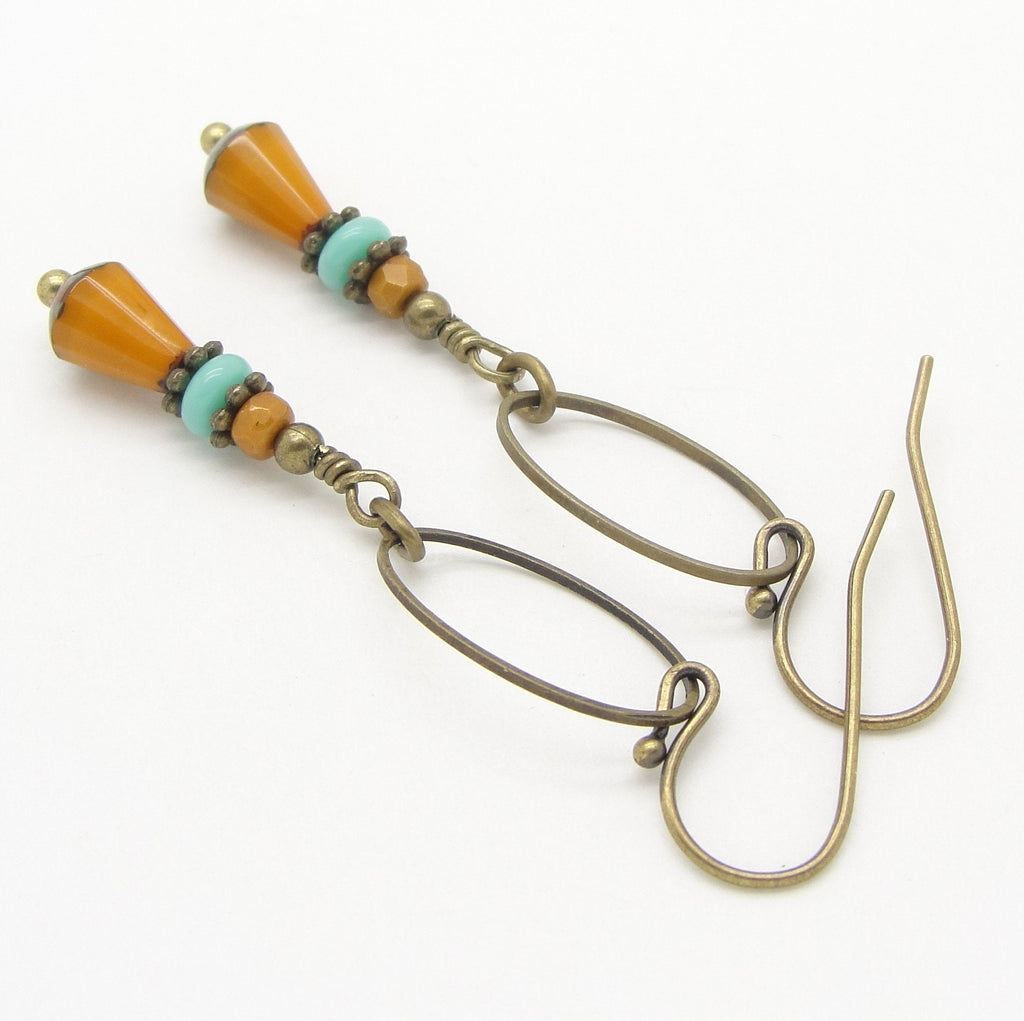 Long Boho Earrings in Mustard Yellow and Turquoise Blue Glass with Antiqued Brass  Cloud Cap Jewelry