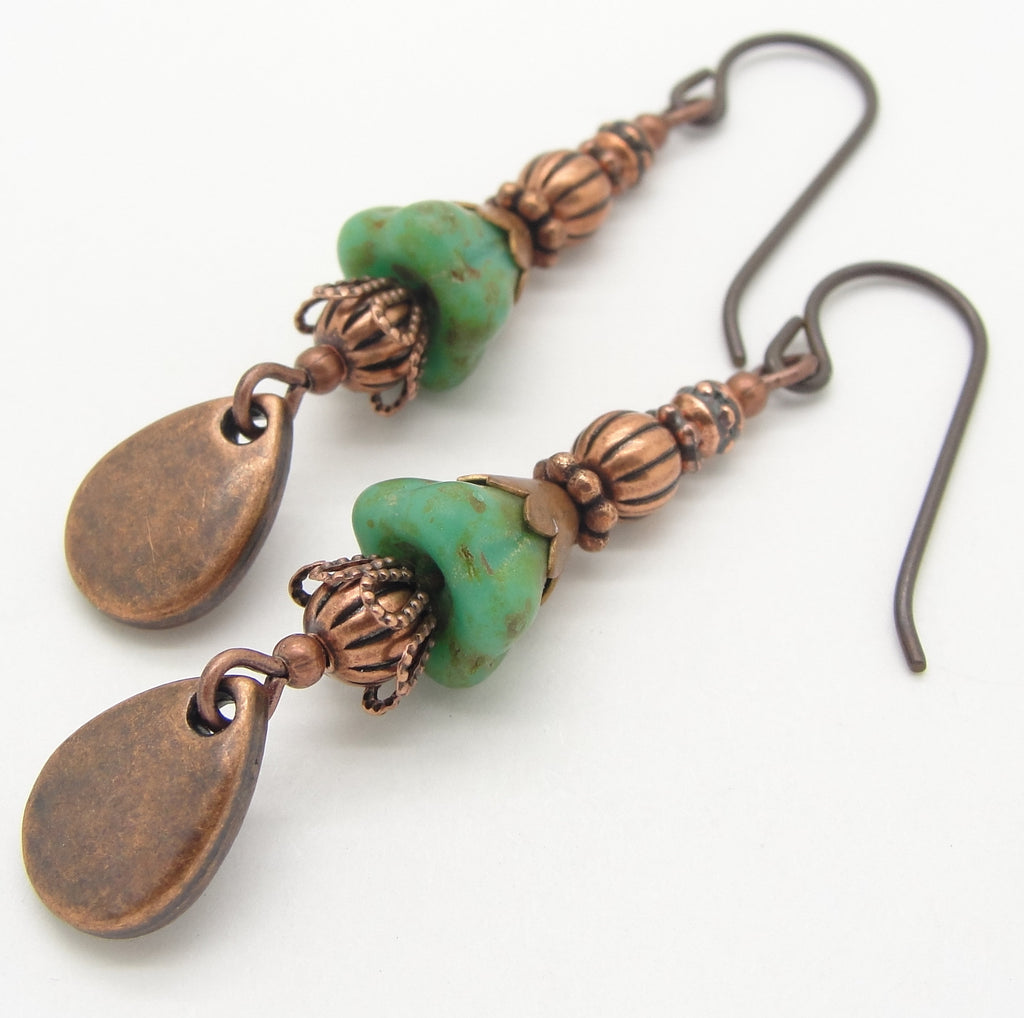 Antiqued Copper Earrings with Turquoise Green Glass Flower Beads and Niobium Earwires