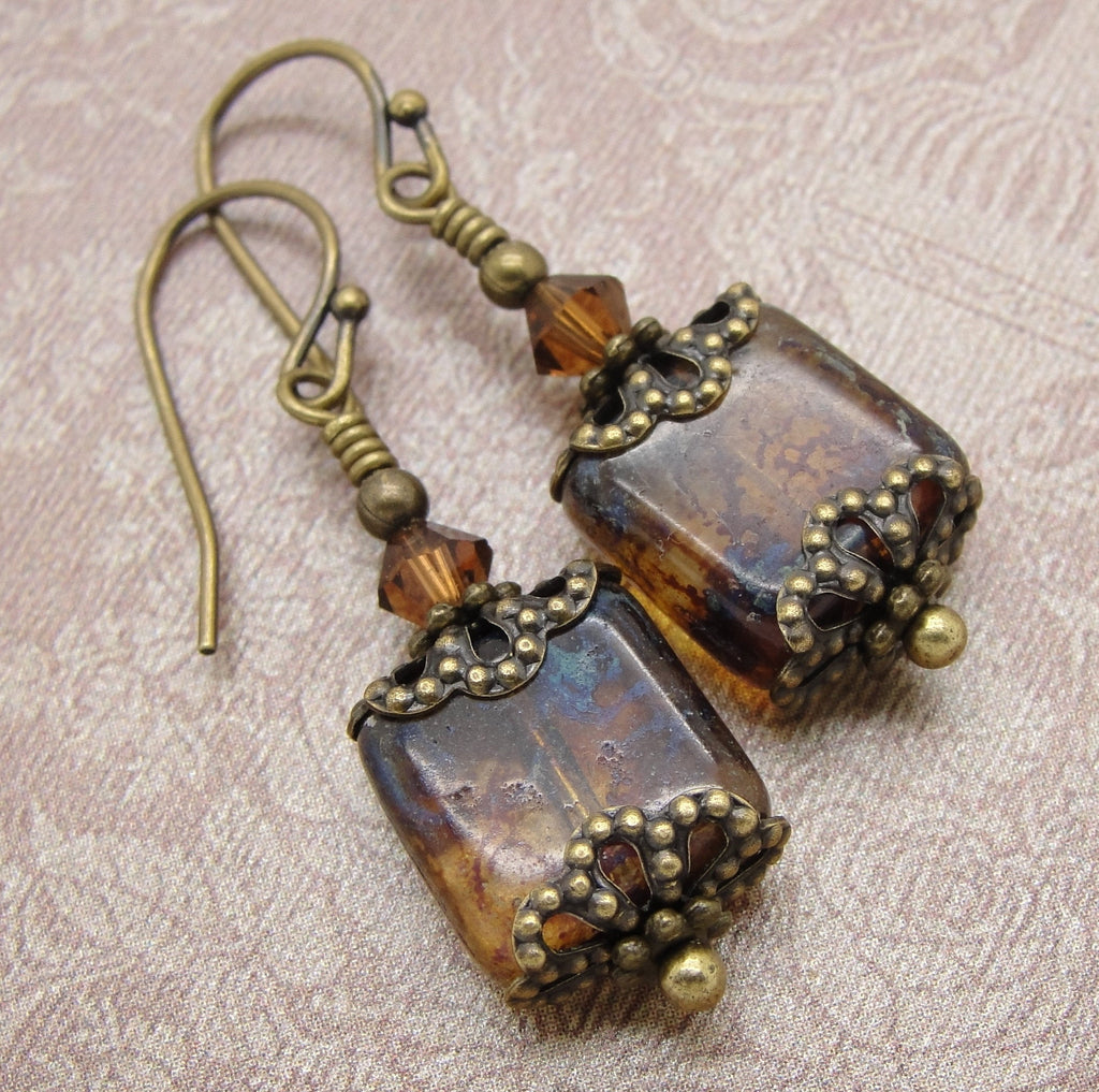 Victorian Earrings in Marbled Brown Weathered Tiles close