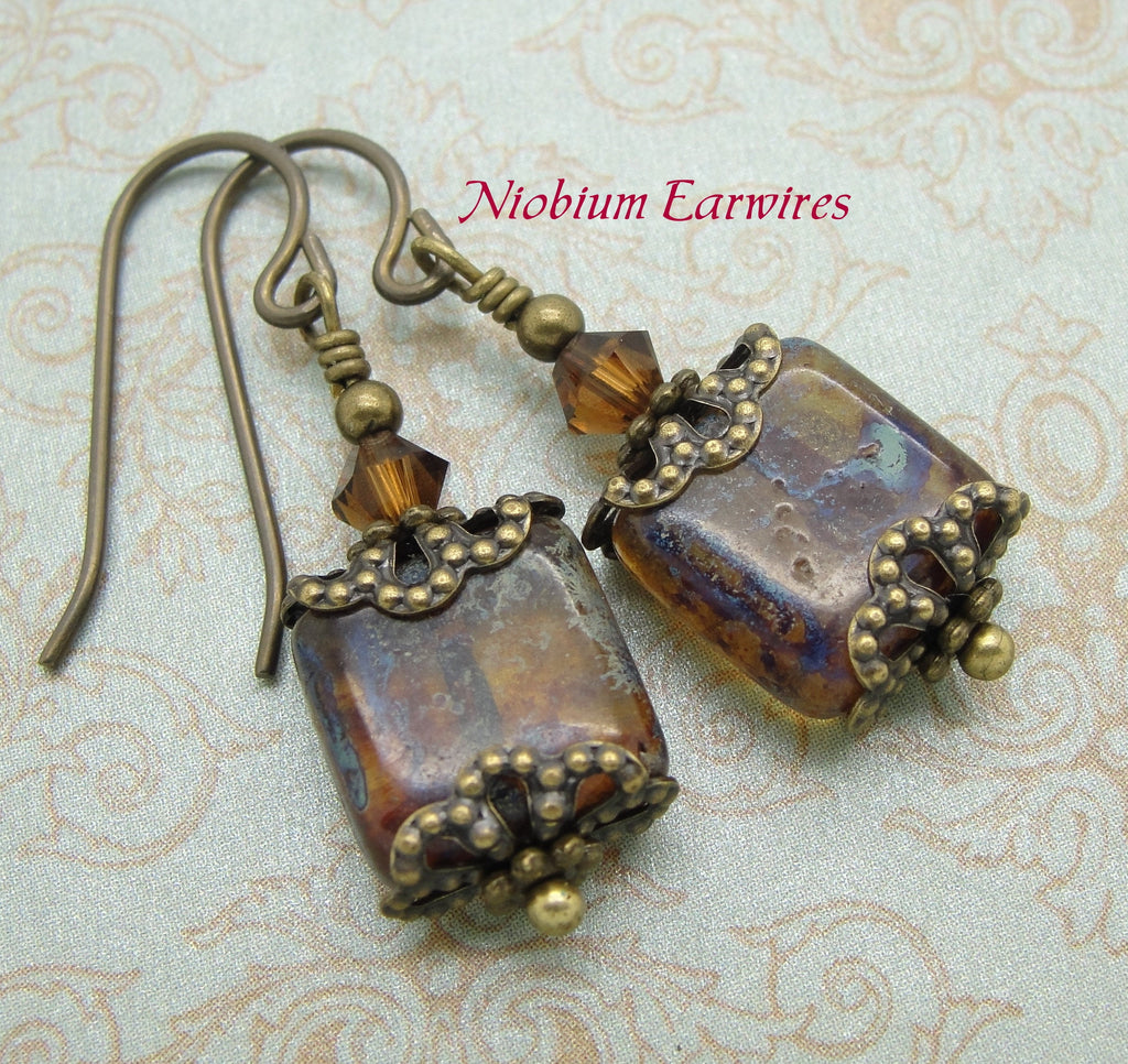 Victorian Earrings in Marbled Brown Weathered Tiles niobium earwires