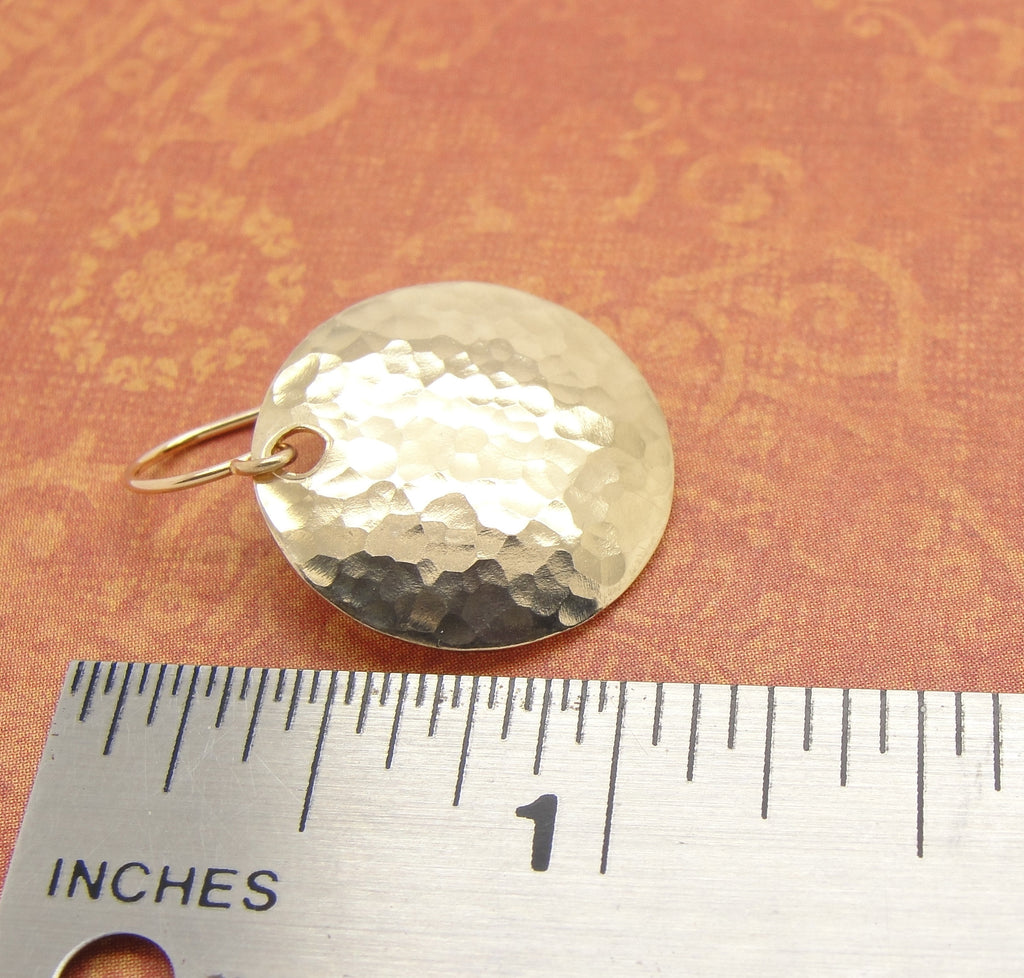 Small 14K Gold Filled Hammered Disc Earrings in 3/4 Inch Diameter Size ruler