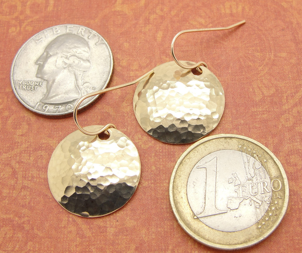 Small 14K Gold Filled Hammered Disc Earrings in 3/4 Inch Diameter Size coins