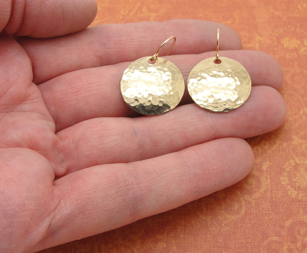 Small 14K Gold Filled Hammered Disc Earrings in 3/4 Inch Diameter Size hand