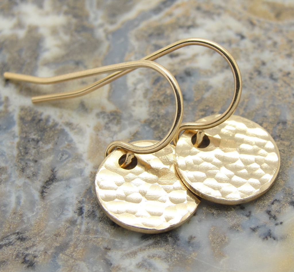 Tiny Dot Flat Circle Earrings in 14K Gold Fill Hammered Discs in 3/8 Inch Diameter 