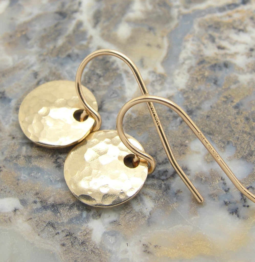 Tiny Dot Domed Circle Earrings in 14K Gold Fill Hammered Discs in 3/8 Inch Diameter 