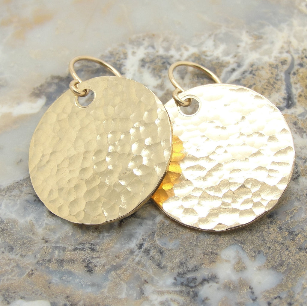 Small Flat Circle Gold Filled Hammered Disc Earrings in 3/4 Inch Diameter