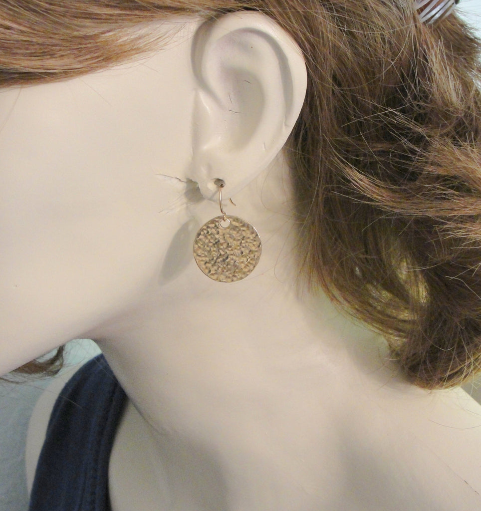 Small Flat Circle Gold Filled Hammered Disc Earrings in 3/4 Inch Diameter on