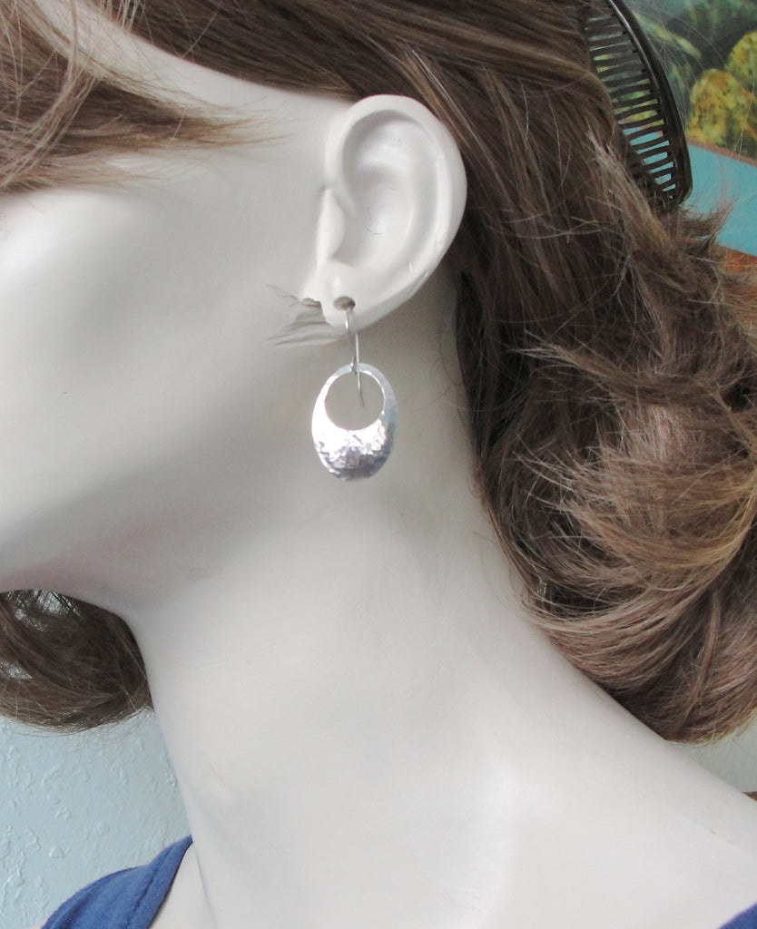 Medium Oval Peephole Disc Earrings in Hammered Sterling Silver that are Handmade