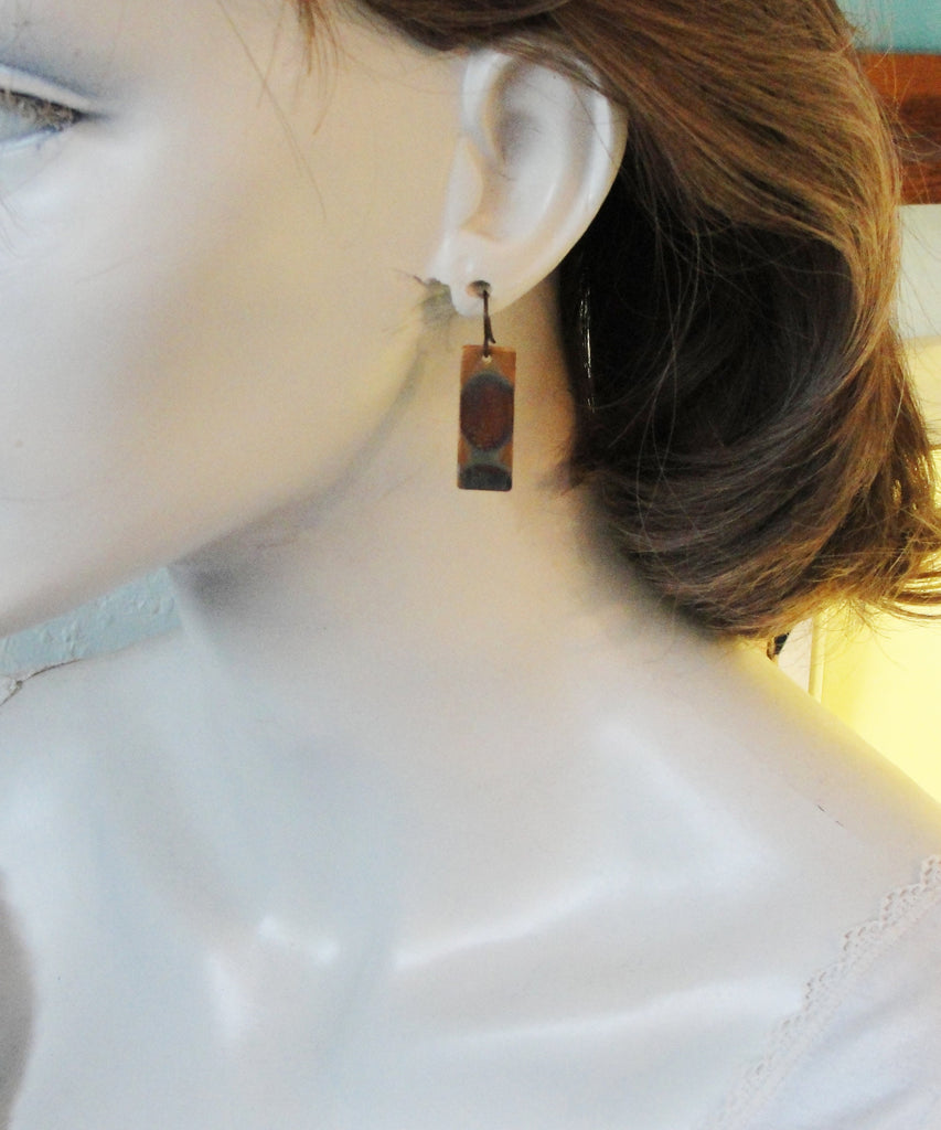 Handmade Torched Copper Bar Earrings that are Medium Sized and have Niobium Earwires, Pair 1