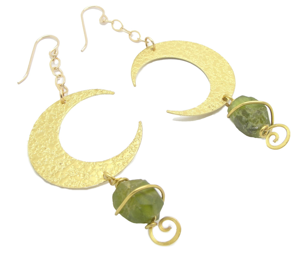 Long Handmade Brass Crescent Half Moon Earrings with Rough Cut Peridot Gemstone in 3 1/4 Inch Length