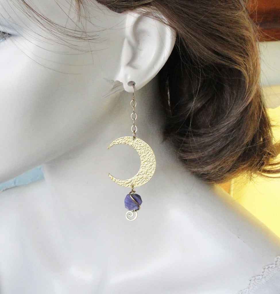 Long Handmade Brass Crescent Half Moon Earrings with Rough Cut Peridot Gemstone in 3 1/4 Inch Length