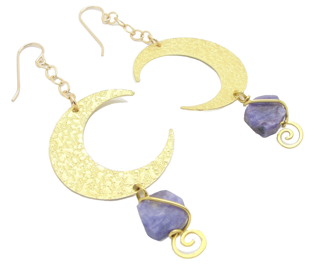 Long and Big Handmade Brass Crescent Half Moon Earrings with Purple Rough Cut Amethyst Gemstones in 3 1/4 Inch Length