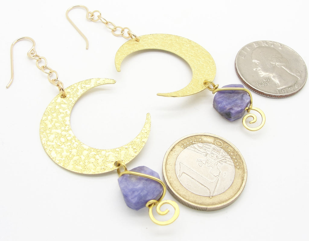 Long and Big Handmade Brass Crescent Half Moon Earrings with Purple Rough Cut Amethyst Gemstones in 3 1/4 Inch Length