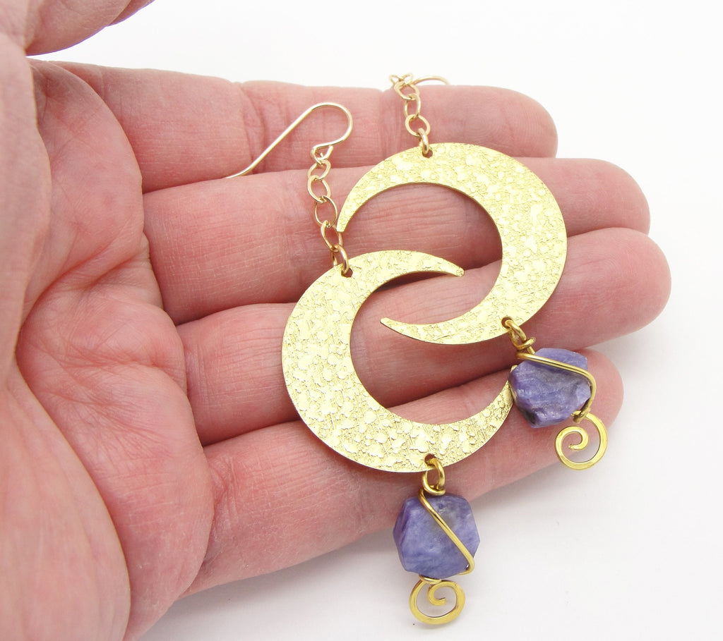 Long and Big Handmade Brass Crescent Half Moon Earrings with Purple Rough Cut Amethyst Gemstones in 3 1/4 Inch Length