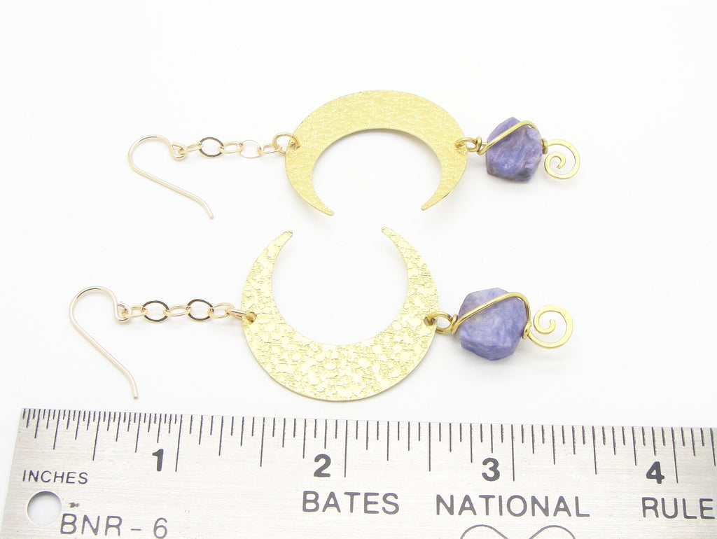 Long and Big Handmade Brass Crescent Half Moon Earrings with Purple Rough Cut Amethyst Gemstones in 3 1/4 Inch Length