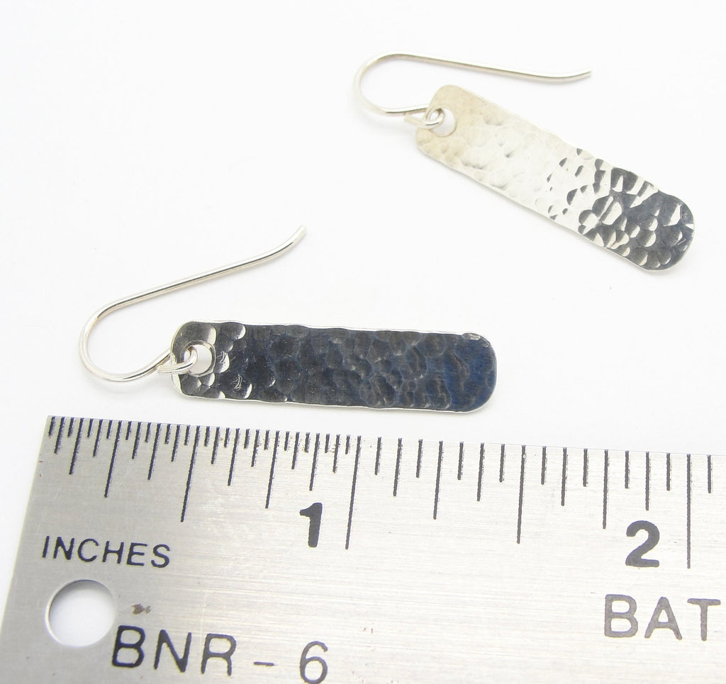 Shorter Hammered Rectangle Bar Earrings in Sterling Silver that are 1 and 3/8 Inches Long