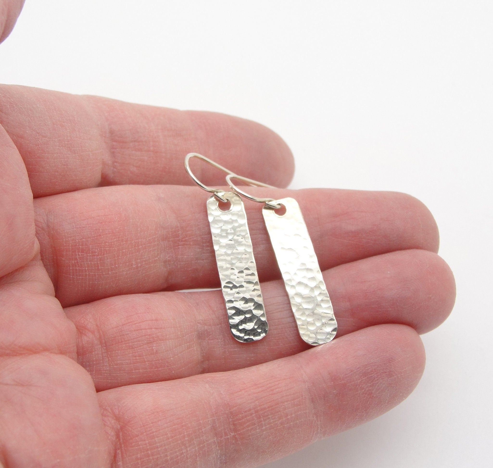 Hammered Rectangle Bar Earrings in Sterling Silver that are 2 and