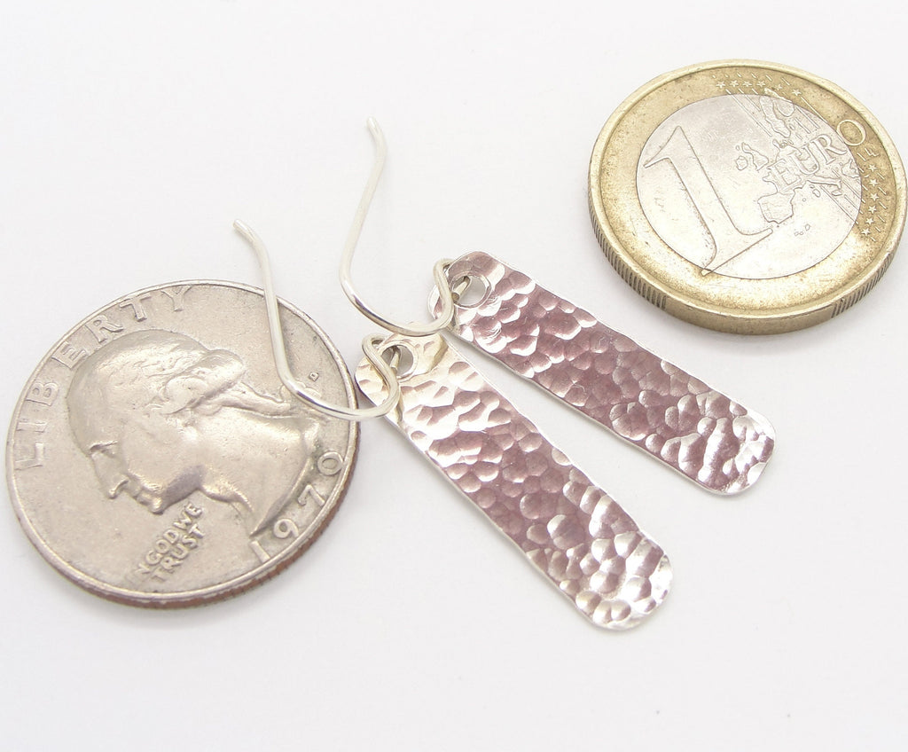 Shorter Hammered Rectangle Bar Earrings in Sterling Silver that are 1 and 3/8 Inches Long