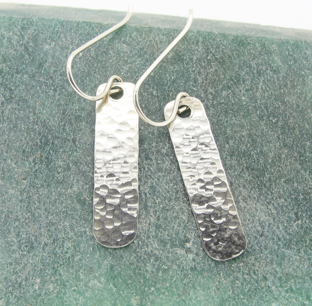 Shorter Hammered Rectangle Bar Earrings in Sterling Silver that are 1 and 3/8 Inches Long