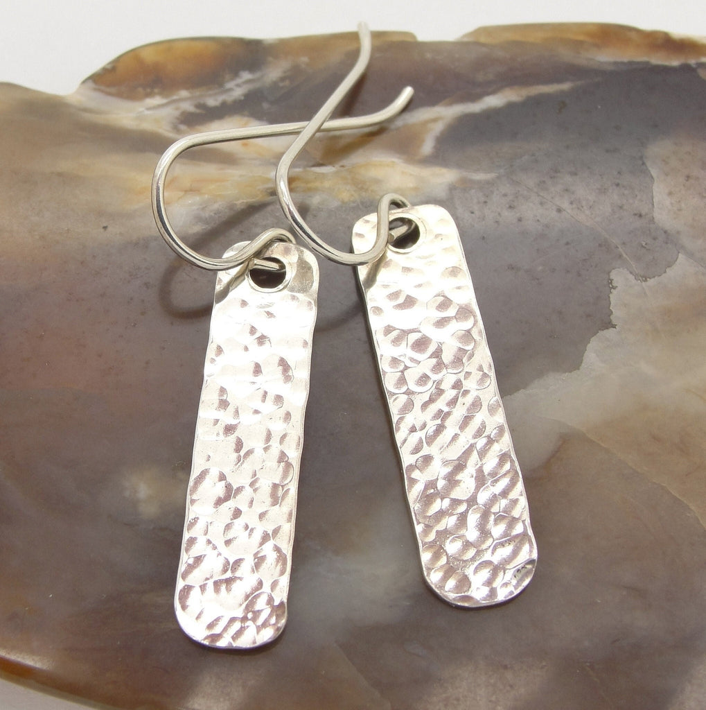Medium Hammered Rectangle Bar Earrings in Sterling Silver that are 1 and 3/8 Inches Long
