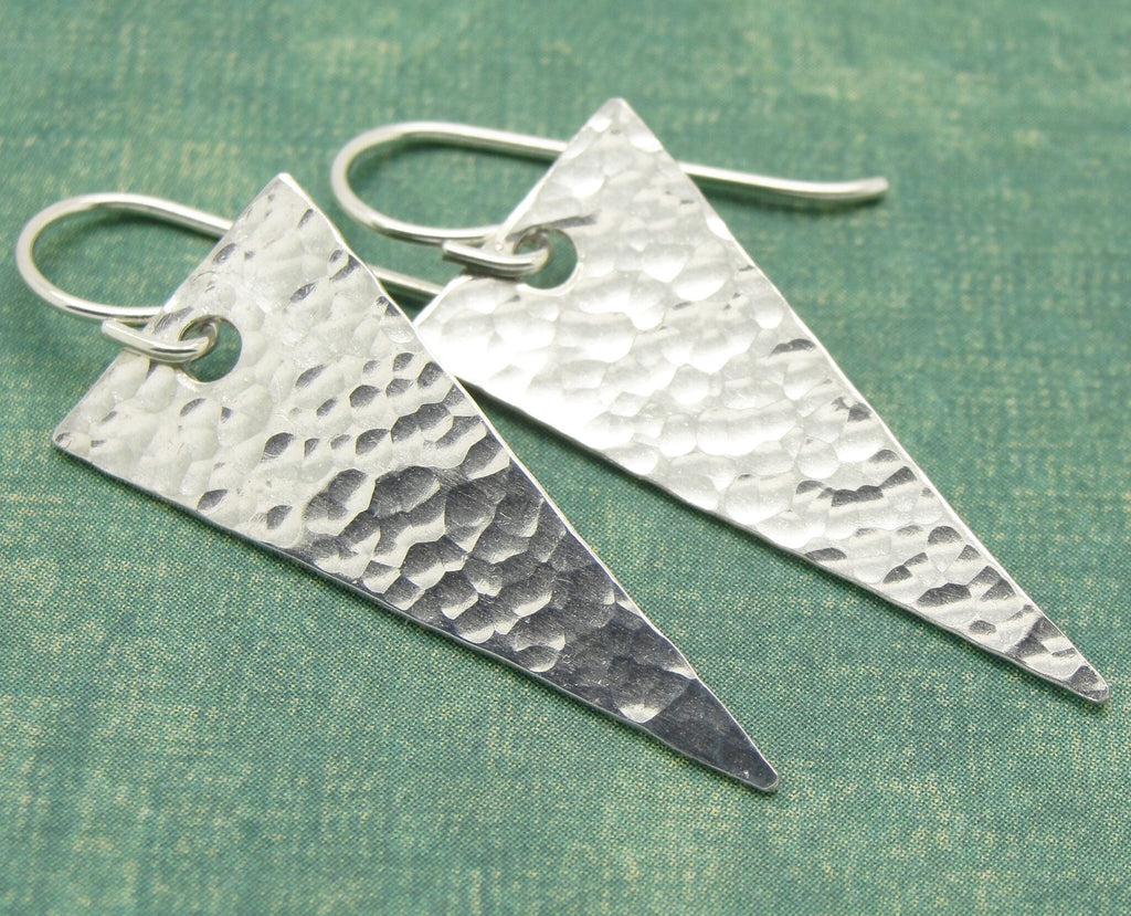 Almost 1 1/2 Inch Long Hammered Isosceles Triangle Earrings in Sterling Silver .925