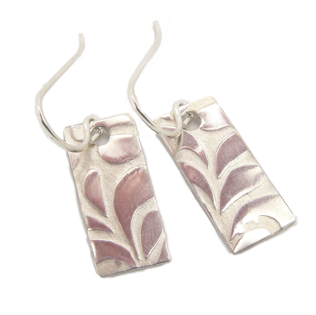 Rectangle Bar Earrings with Leafy Pattern in Sterling Silver .925 that are a Petite 1 1/8 Inch Long