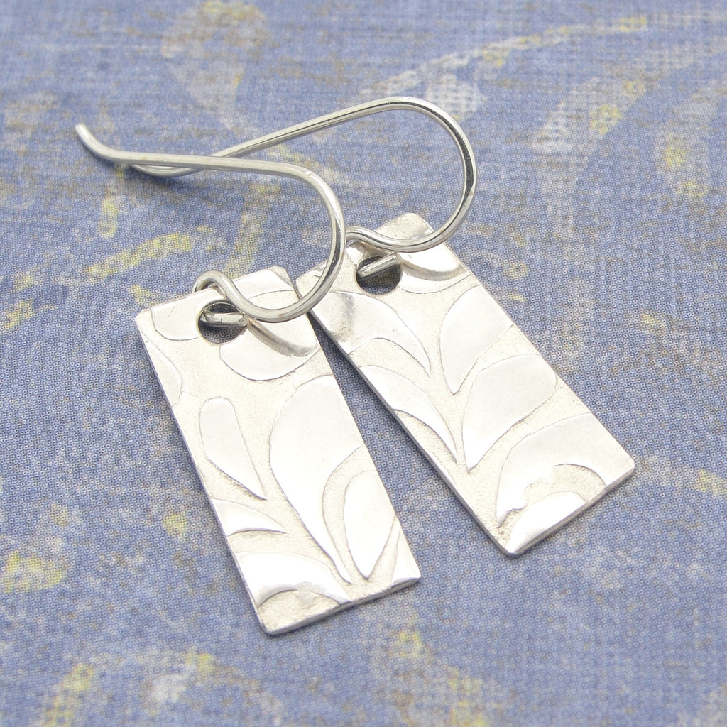 Rectangle Bar Earrings with Leafy Pattern in Sterling Silver .925 that are a Petite 1 1/8 Inch Long