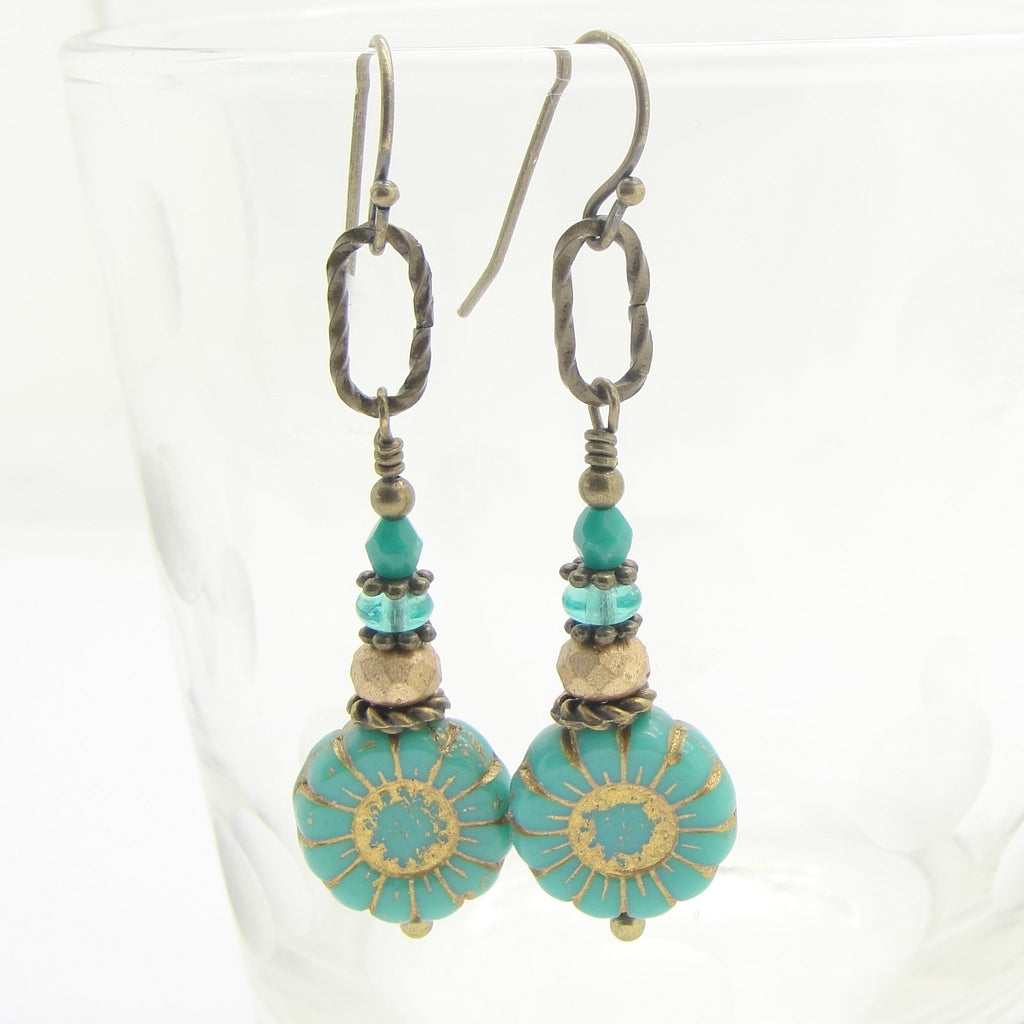 Turquoise Blue Glass Flower Earrings with Antiqued Brass Beads and Brass or Niobium Earwires