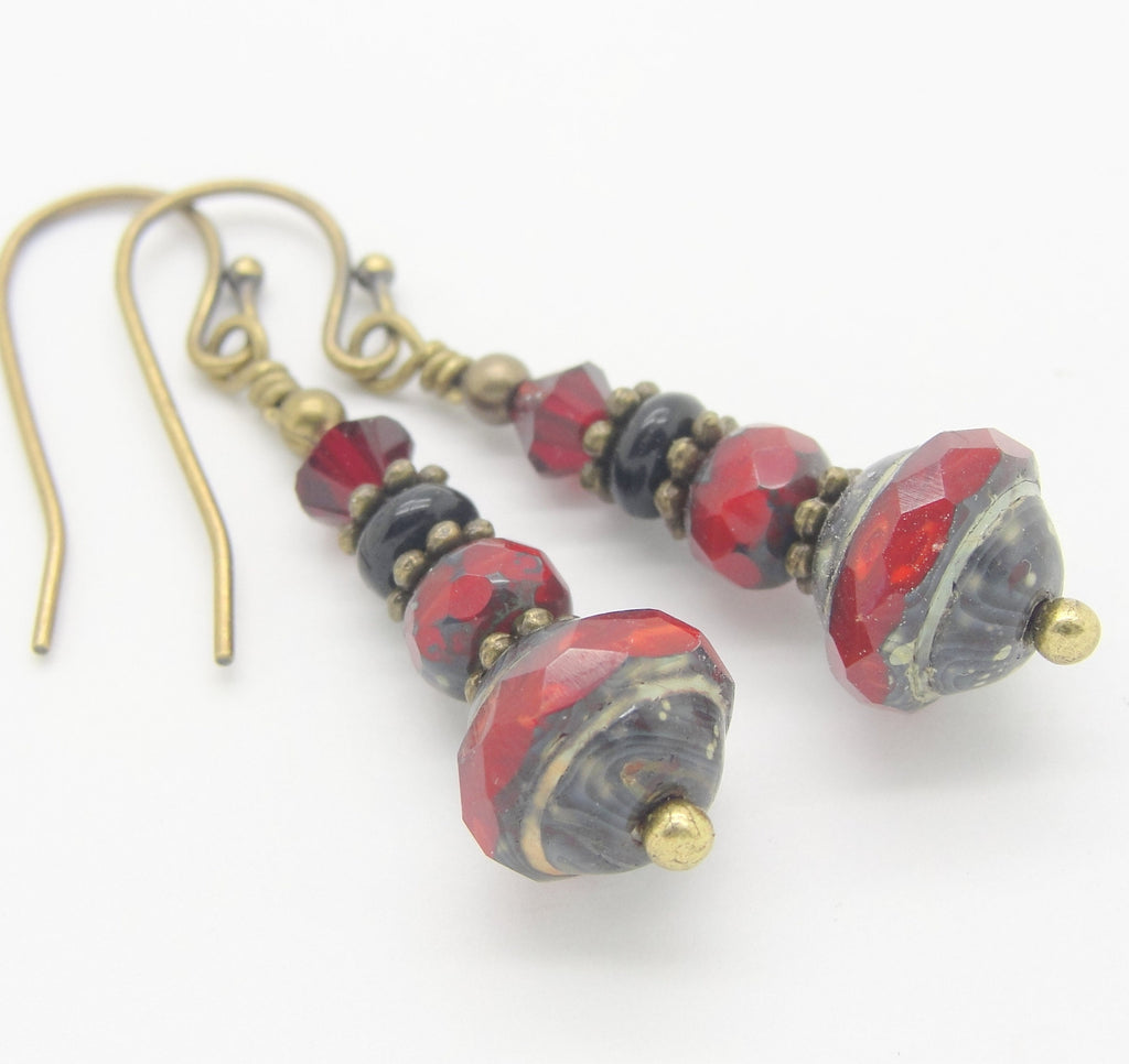 Boho Saucer Earrings in Red and Black with Faceted Czech Glass Saturn Beads