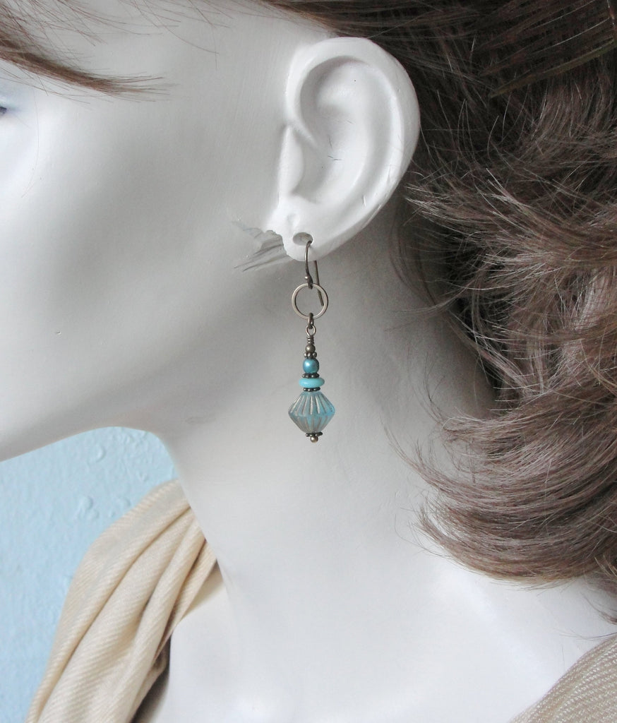 Boho Bronze Hoop and Glass Bead Earrings with Aqua and Gold Tones and Choice of Niobium or Brass Earwires