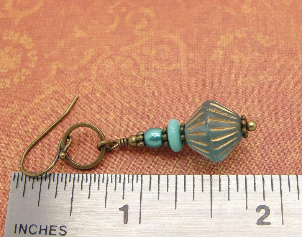 Boho Bronze Hoop and Glass Bead Earrings with Aqua and Gold Tones and Choice of Niobium or Brass Earwires