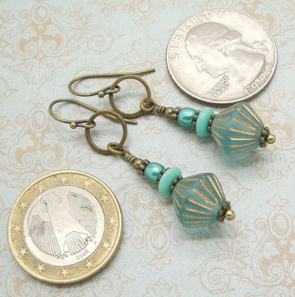 Boho Bronze Hoop and Glass Bead Earrings with Aqua and Gold Tones and Choice of Niobium or Brass Earwires