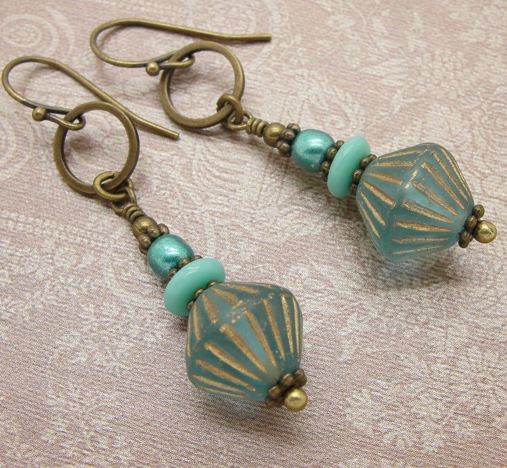 Boho Bronze Hoop and Glass Bead Earrings with Aqua and Gold Tones and Choice of Niobium or Brass Earwires