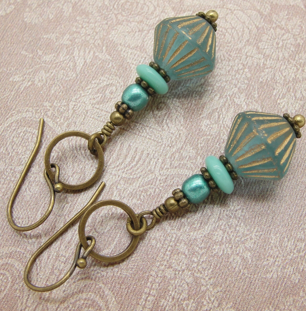 Boho Bronze Hoop and Glass Bead Earrings with Aqua and Gold Tones and Choice of Niobium or Brass Earwires