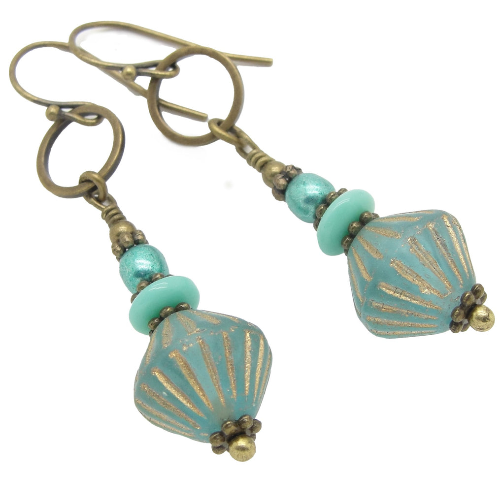 Boho Bronze Hoop and Glass Bead Earrings with Aqua and Gold Tones and Choice of Niobium or Brass Earwires