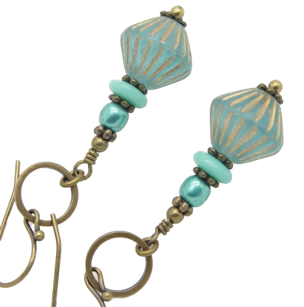 Boho Bronze Hoop and Glass Bead Earrings with Aqua and Gold Tones and Choice of Niobium or Brass Earwires