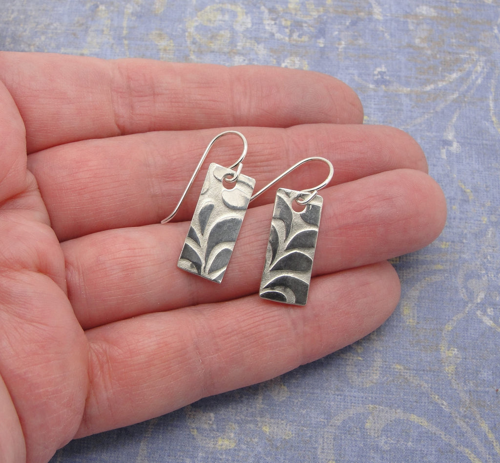 Rectangle Bar Earrings with Leafy Pattern in Sterling Silver .925 that are a Petite 1 1/8 Inch Long