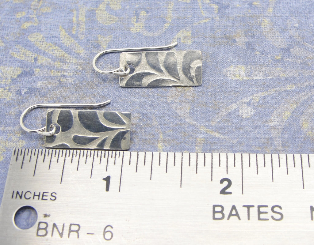 Rectangle Bar Earrings with Leafy Pattern in Sterling Silver .925 that are a Petite 1 1/8 Inch Long