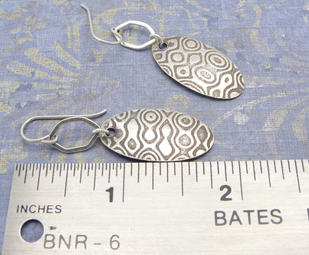 Oxidized Sterling Silver Oval Earrings with Tribal or Ethnic Pattern and Stretched Hexagon that are 1 7/8 Inches Long