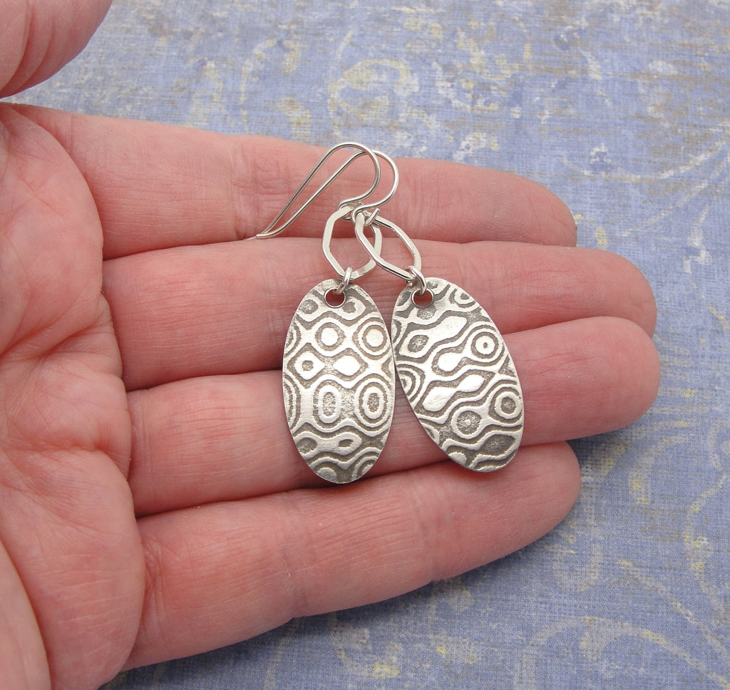 Oxidized Sterling Silver Oval Earrings with Tribal or Ethnic Pattern and Stretched Hexagon that are 1 7/8 Inches Long